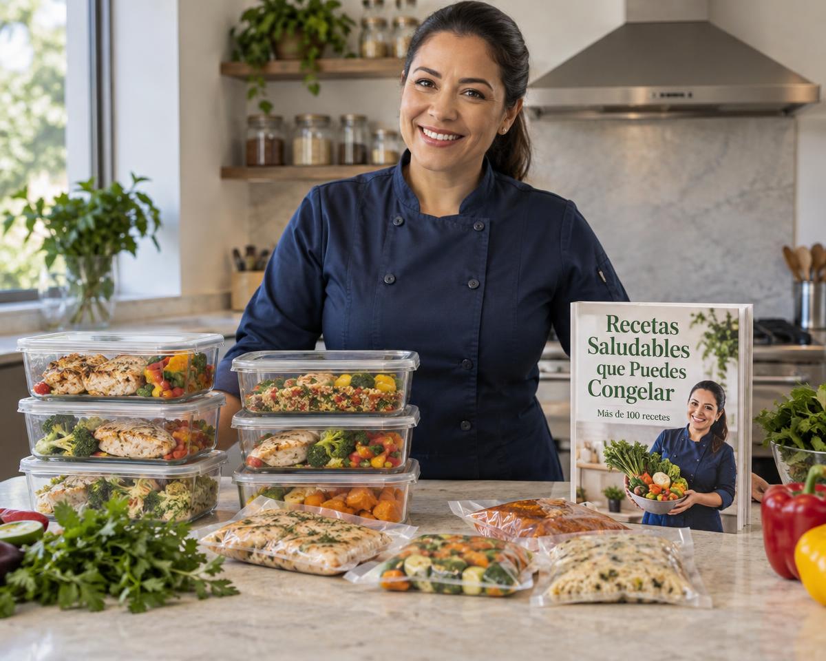 Recetas Saludables que Puedes Congelar junto a comidas preparadas y una cocinera en su cocina